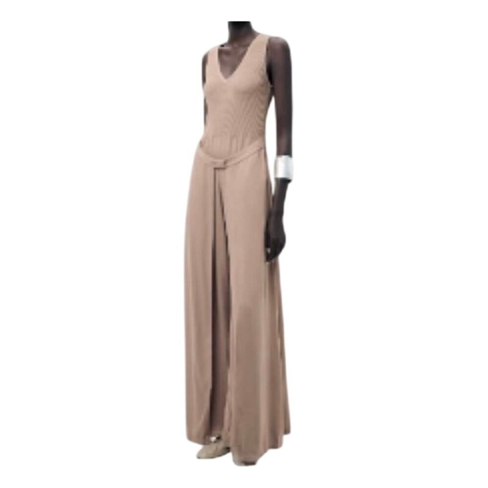 ZARA compound wrab jumpsuit wide legs sleeveless cotton beige women’s Sz M NWOT